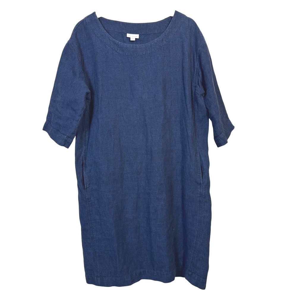 J. Jill Dress Medium 100% Linen Navy Blue‎ Shift Midi Half Sleeve Lagenlook